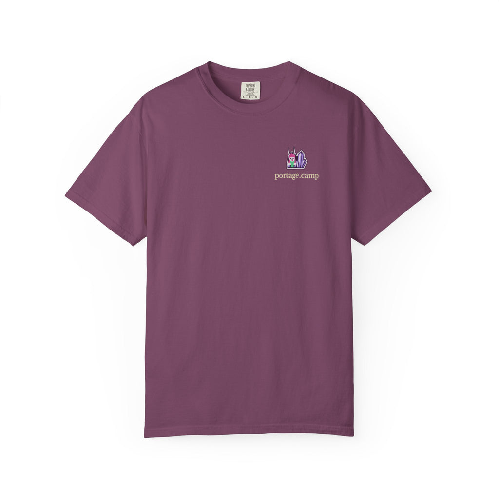 Amethyst After Hours Garment-Dyed Tee in Berry, front view with the Amethyst After Hours logo and portage.camp on the chest. Digital product mockup.