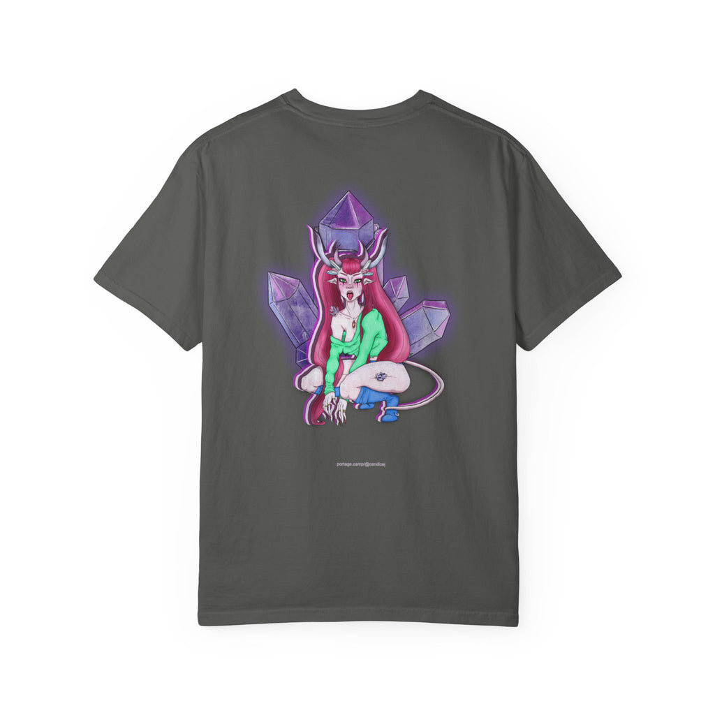 Amethyst After Hours Garment-Dyed Tee in Pepper, back view with the large illustrated print. Digital product mockup.
