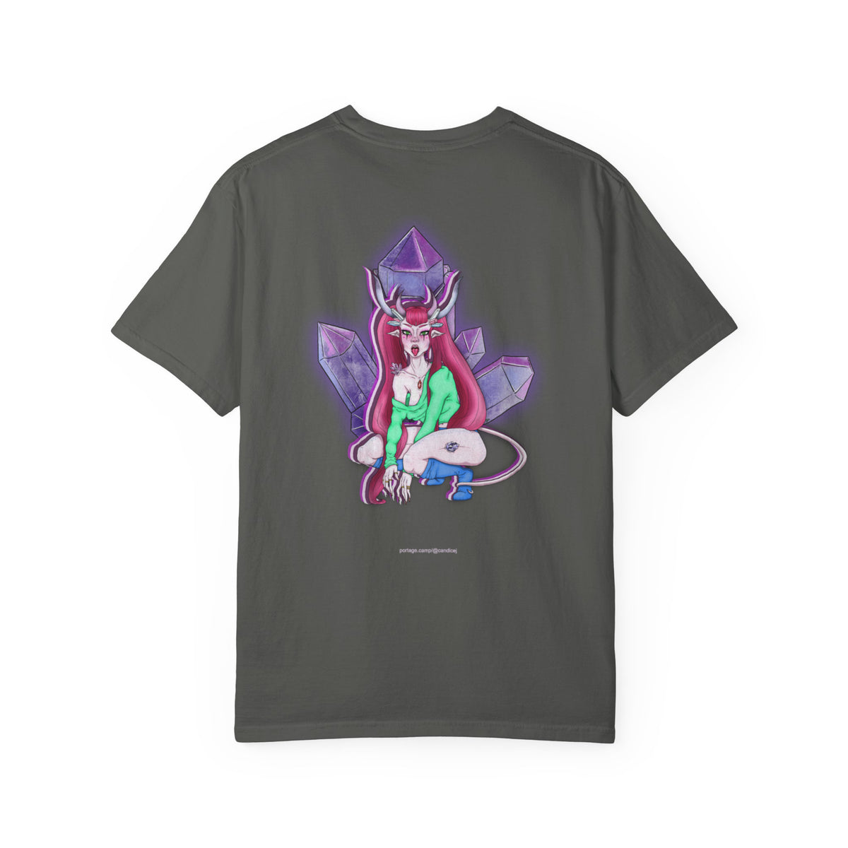 Amethyst After Hours Garment-Dyed Tee in Pepper, back view with the large illustrated print. Digital product mockup.