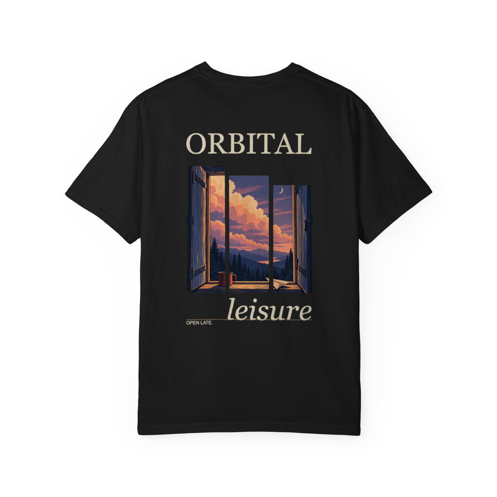Open Late Garment-Dyed Tee in Black, back view with the large illustrated print. Digital product mockup.