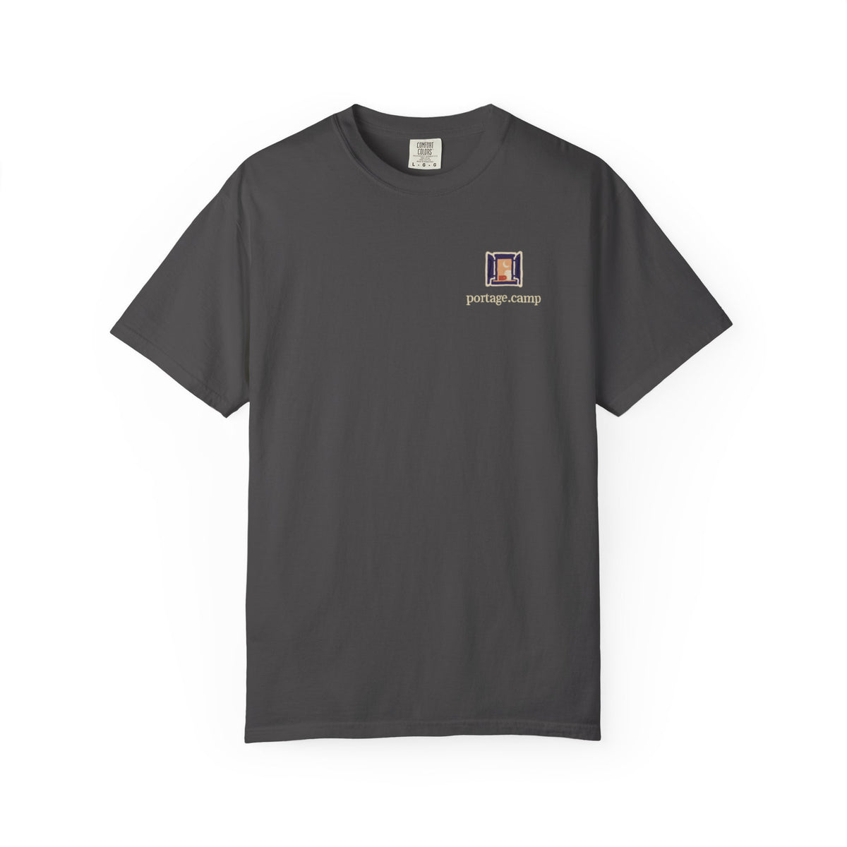 Open Late Garment-Dyed Tee in Graphite, front view with the Open Late logo and portage.camp on the chest. Digital product mockup.