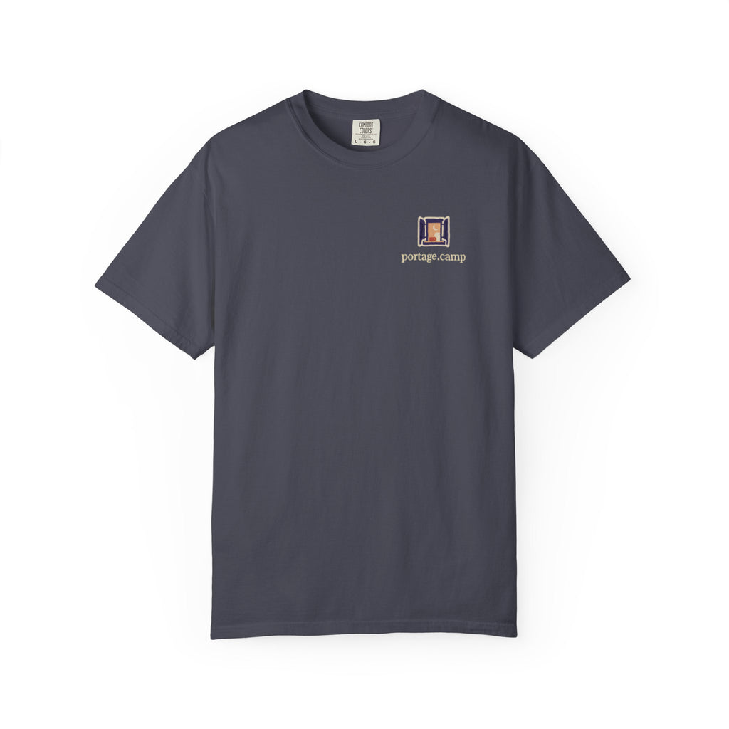 Open Late Garment-Dyed Tee in Navy, front view with the Open Late logo and portage.camp on the chest. Digital product mockup.