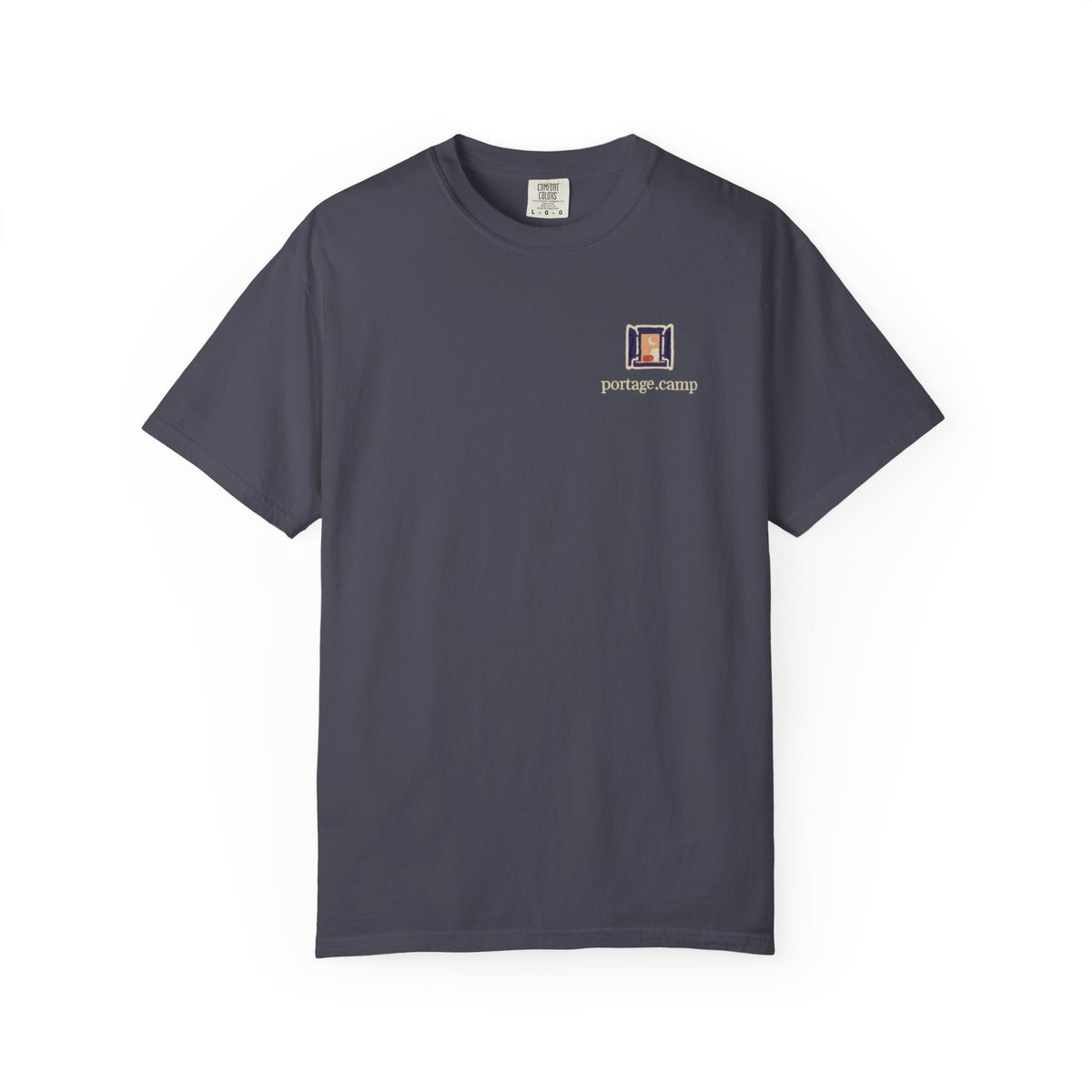Open Late Garment-Dyed Tee in Navy, front view with the Open Late logo and portage.camp on the chest. Digital product mockup.