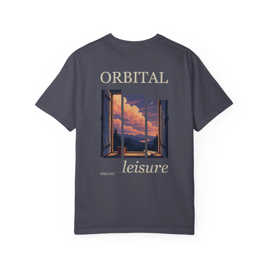 Open Late Garment-Dyed Tee in Navy, back view with the large illustrated print. Digital product mockup.