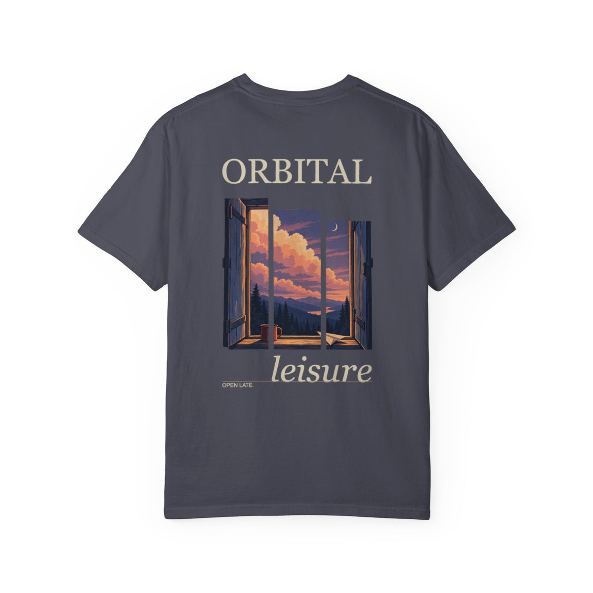 Open Late Garment-Dyed Tee in Navy, back view with the large illustrated print. Digital product mockup.