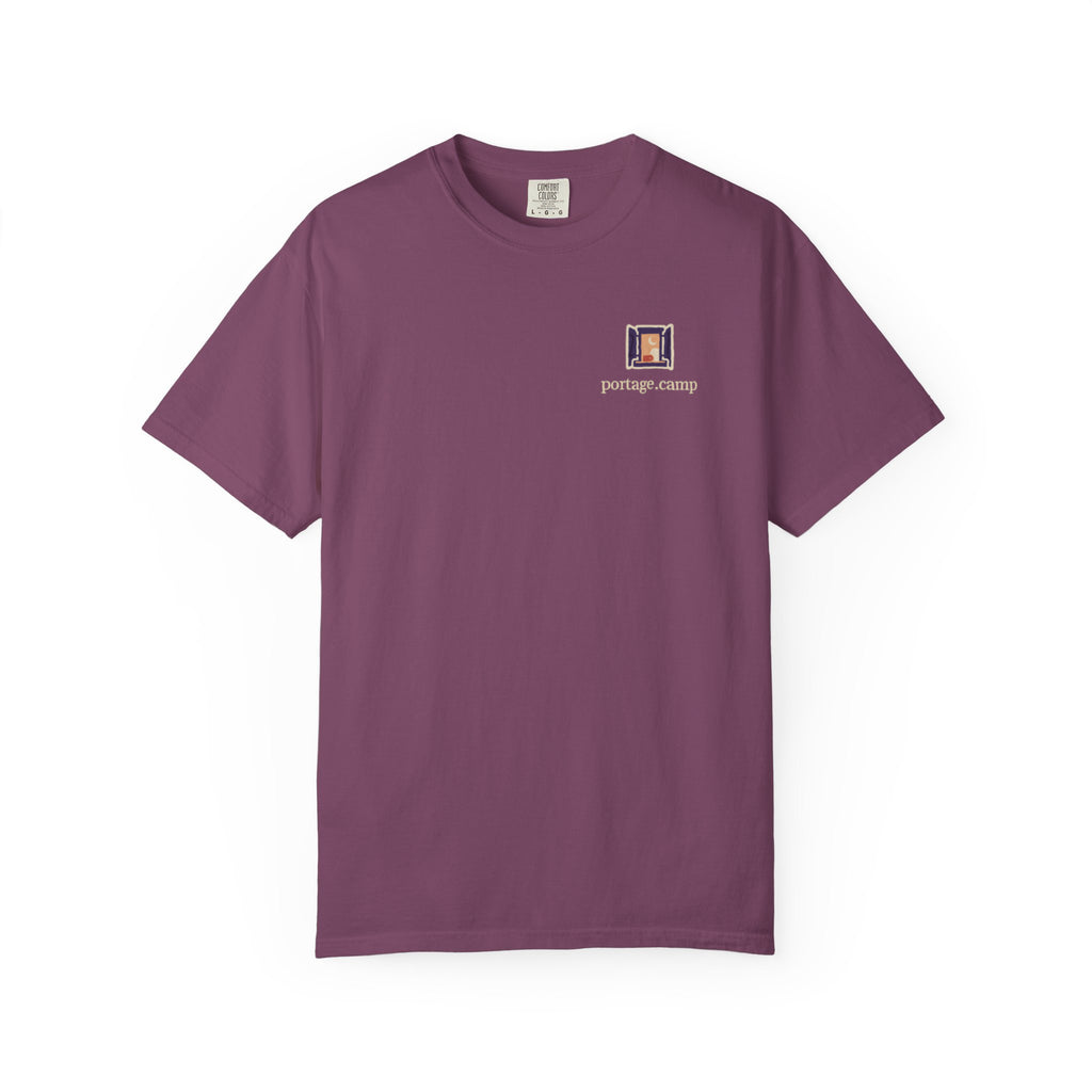 Open Late Garment-Dyed Tee in Berry, front view with the Open Late logo and portage.camp on the chest. Digital product mockup.