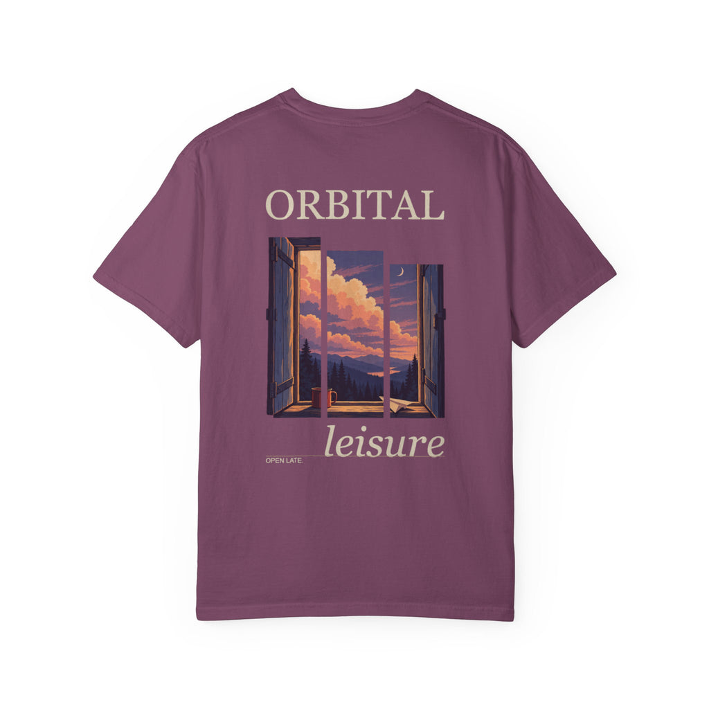 Open Late Garment-Dyed Tee in Berry, back view with the large illustrated print. Digital product mockup.