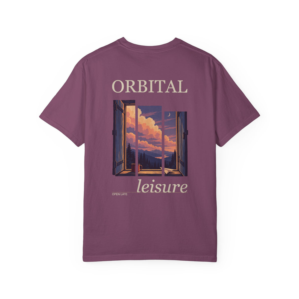 Open Late Garment-Dyed Tee in Berry, back view with the large illustrated print. Digital product mockup.
