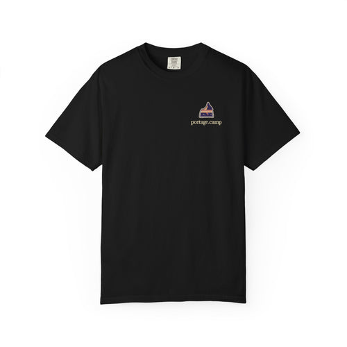 A Different Sky Garment-Dyed Tee in Black, front view with the A Different Sky logo and portage.camp on the chest. Digital product mockup.