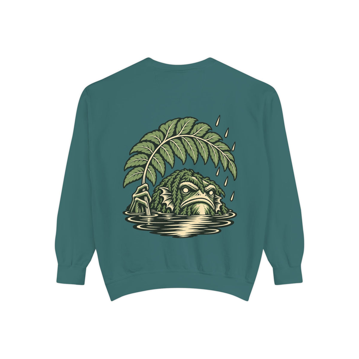Rain Check Garment-Dyed Crewneck in Blue Spruce, back view with the large illustrated print. Digital product mockup.