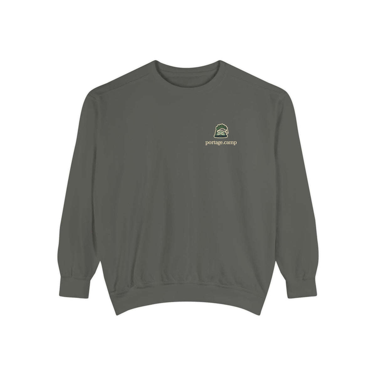Rain Check Garment-Dyed Crewneck in Pepper, front view with the Rain Check logo and portage.camp on the chest. Digital product mockup.
