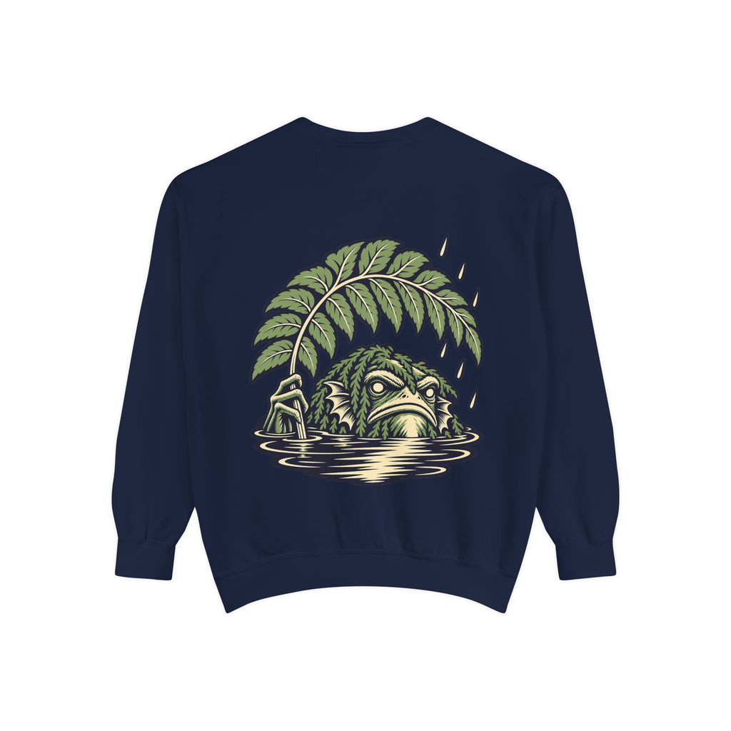 Rain Check Garment-Dyed Crewneck in True Navy, back view with the large illustrated print. Digital product mockup.