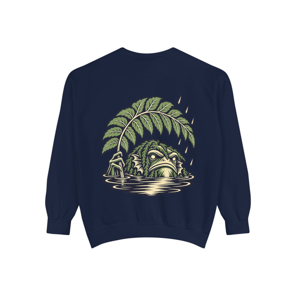 Rain Check Garment-Dyed Crewneck in True Navy, back view with the large illustrated print. Digital product mockup.