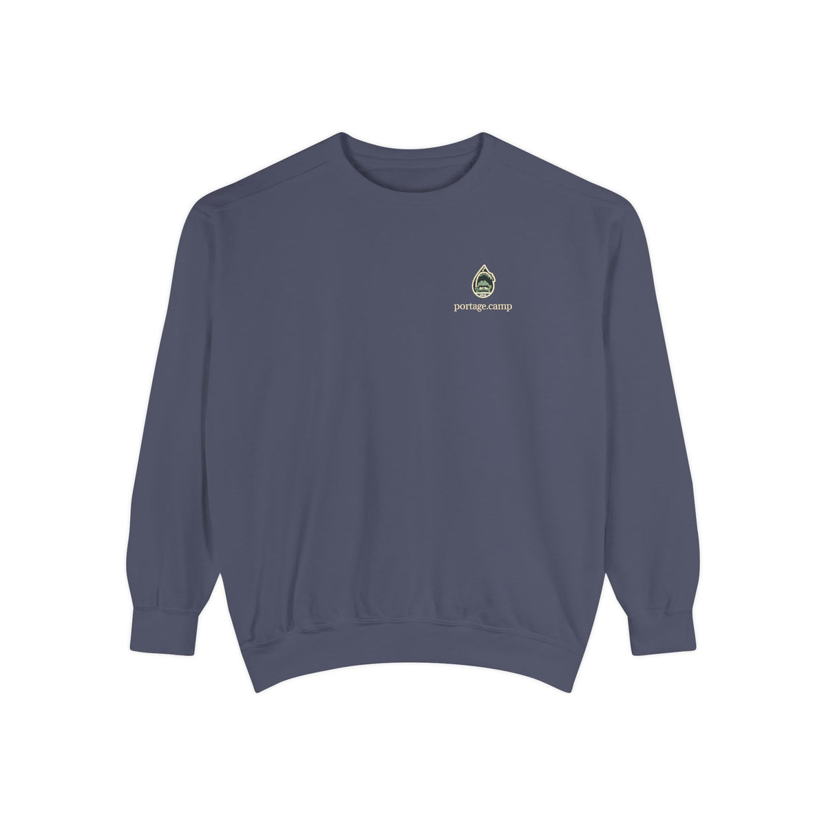 Rain Check Garment-Dyed Crewneck in Denim, front view with the Rain Check logo and portage.camp on the chest. Digital product mockup.