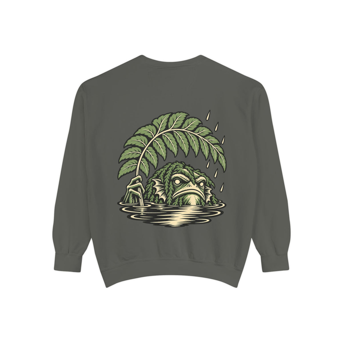Rain Check Garment-Dyed Crewneck in Pepper, back view with the large illustrated print. Digital product mockup.