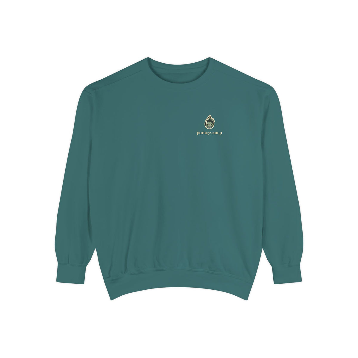 Rain Check Garment-Dyed Crewneck in Blue Spruce, front view with the Rain Check logo and portage.camp on the chest. Digital product mockup.