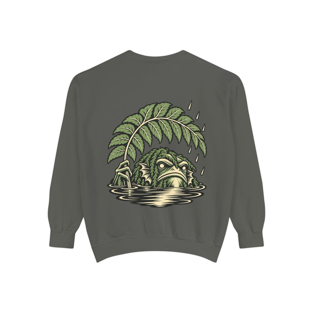 Rain Check Garment-Dyed Crewneck in Pepper, back view with the large illustrated print. Digital product mockup.