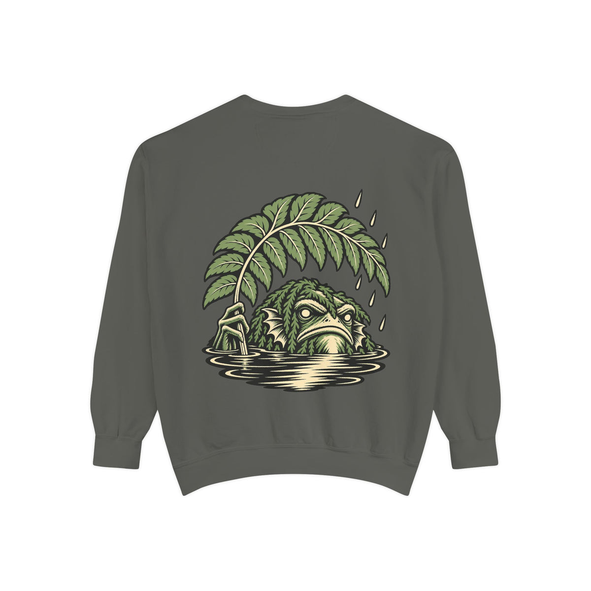 Rain Check Garment-Dyed Crewneck in Pepper, back view with the large illustrated print. Digital product mockup.