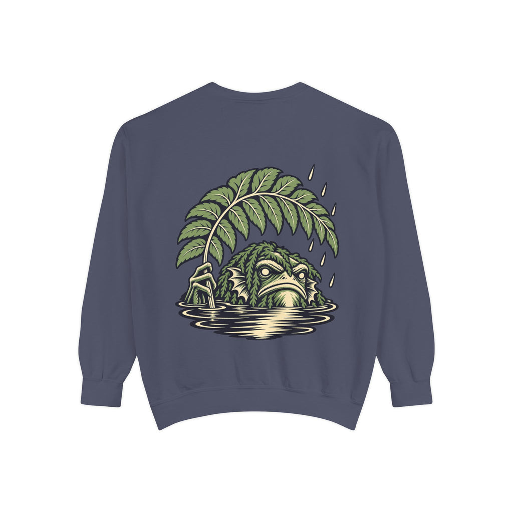 Rain Check Garment-Dyed Crewneck in Denim, back view with the large illustrated print. Digital product mockup.