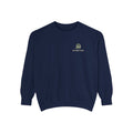 Rain Check Garment-Dyed Crewneck in True Navy, front view with the Rain Check logo and portage.camp on the chest. Digital product mockup.