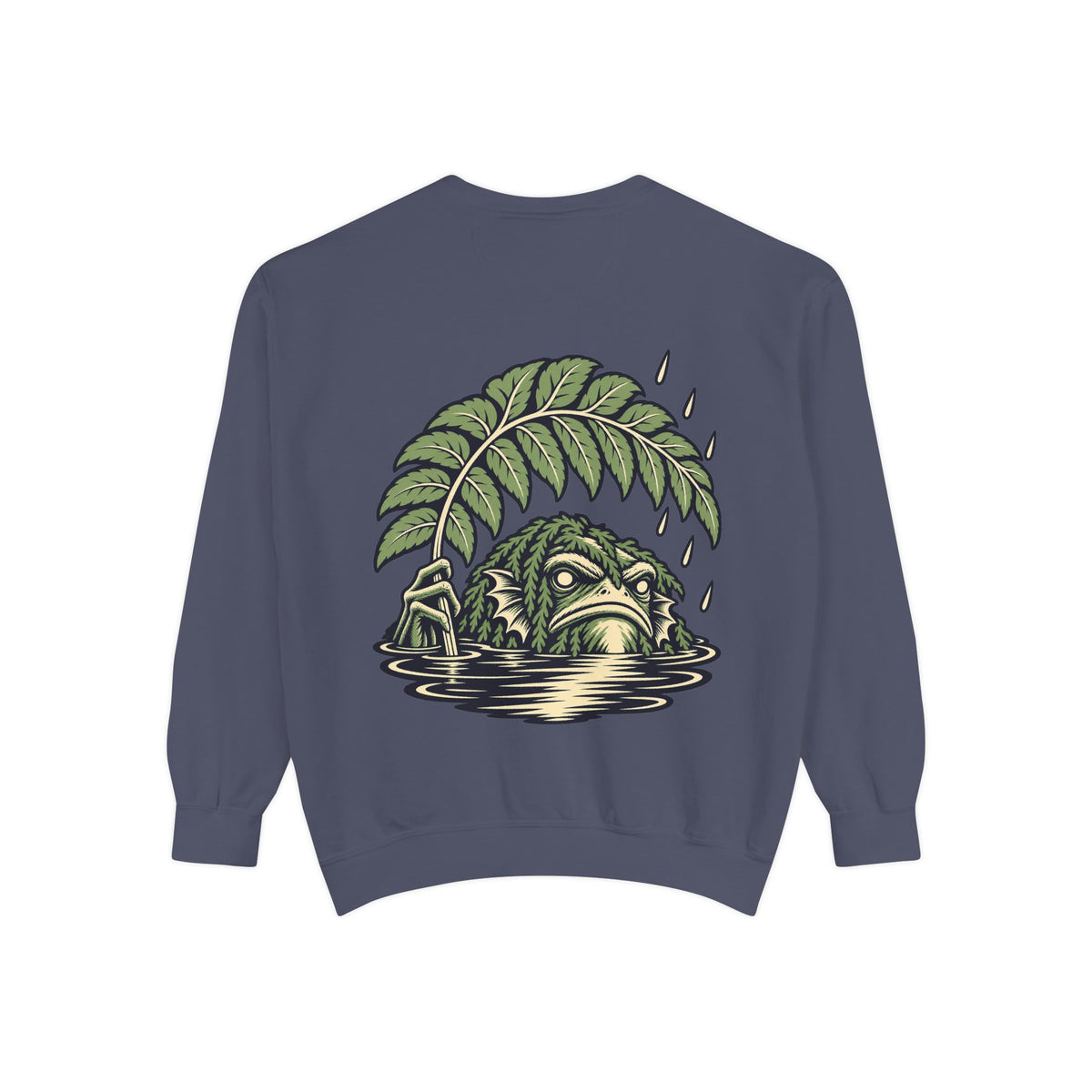 Rain Check Garment-Dyed Crewneck in Denim, back view with the large illustrated print. Digital product mockup.