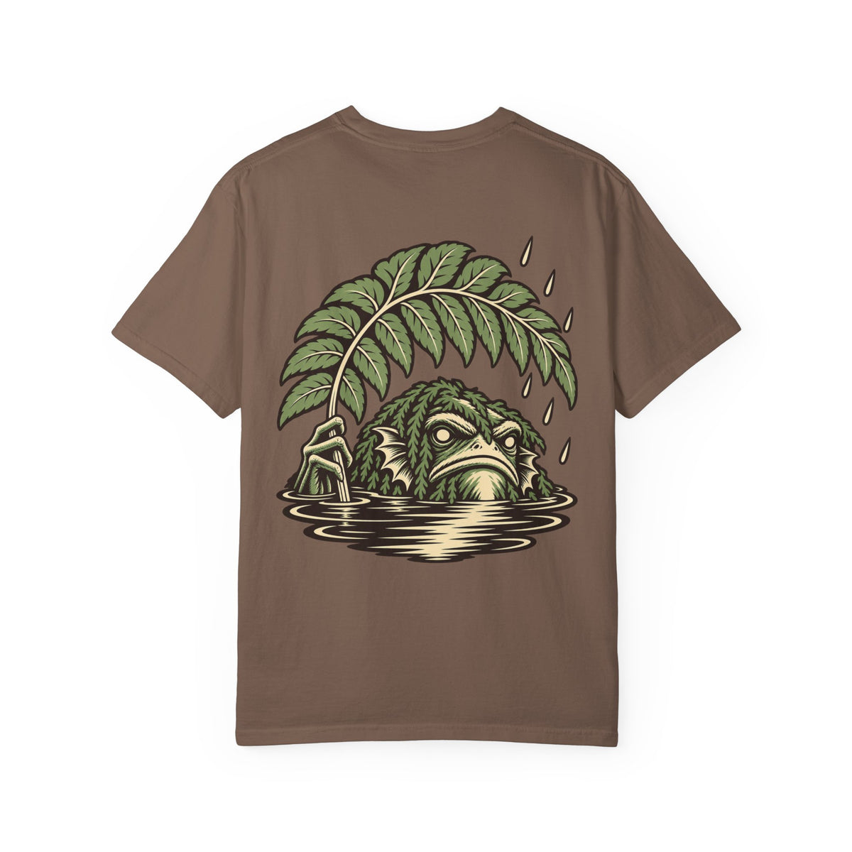 Rain Check Garment-Dyed Tee in Espresso, back view with the large illustrated print. Digital product mockup.