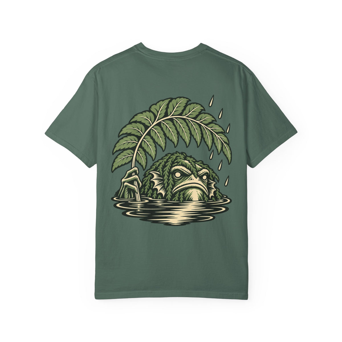 Rain Check Garment-Dyed Tee in Blue Spruce, back view with the large illustrated print. Digital product mockup.
