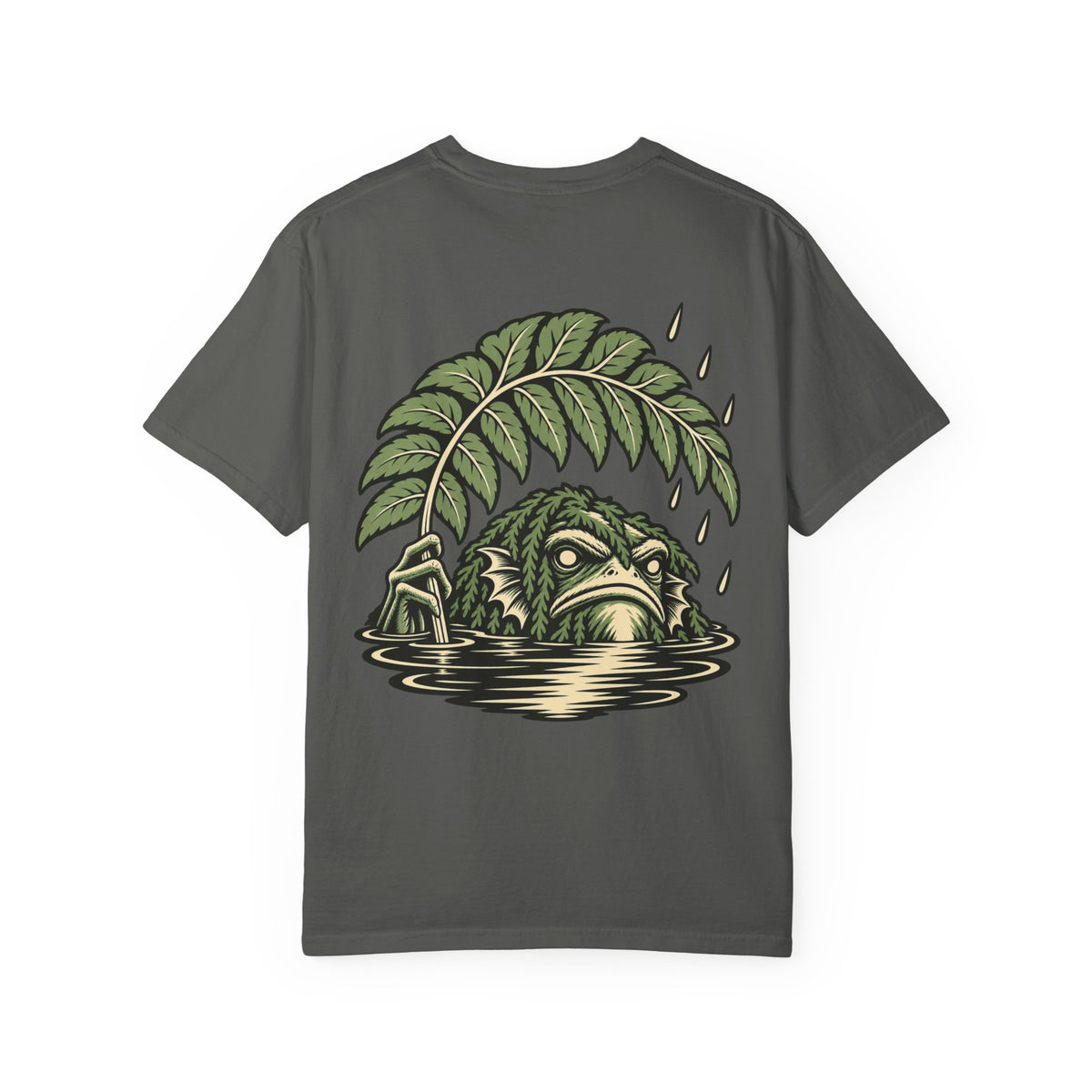 Rain Check Garment-Dyed Tee in Pepper, back view with the large illustrated print. Digital product mockup.