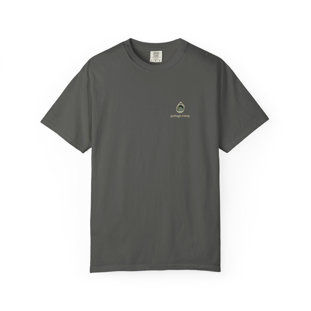 Rain Check Garment-Dyed Tee in Pepper, front view with the Rain Check logo and portage.camp on the chest. Digital product mockup.