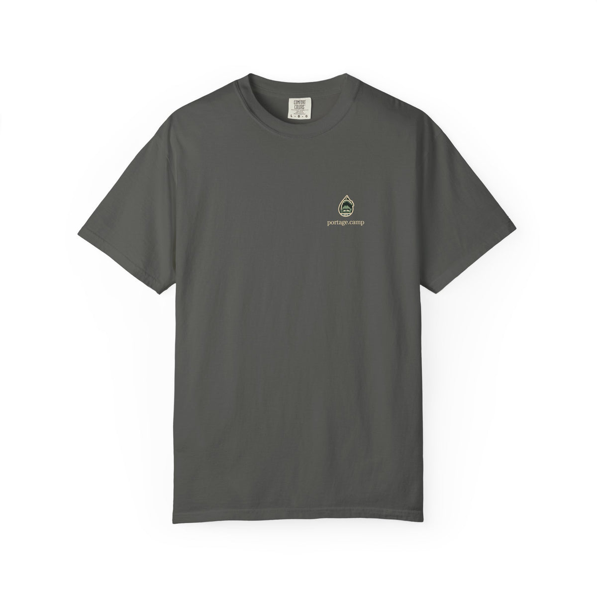 Rain Check Garment-Dyed Tee in Pepper, front view with the Rain Check logo and portage.camp on the chest. Digital product mockup.
