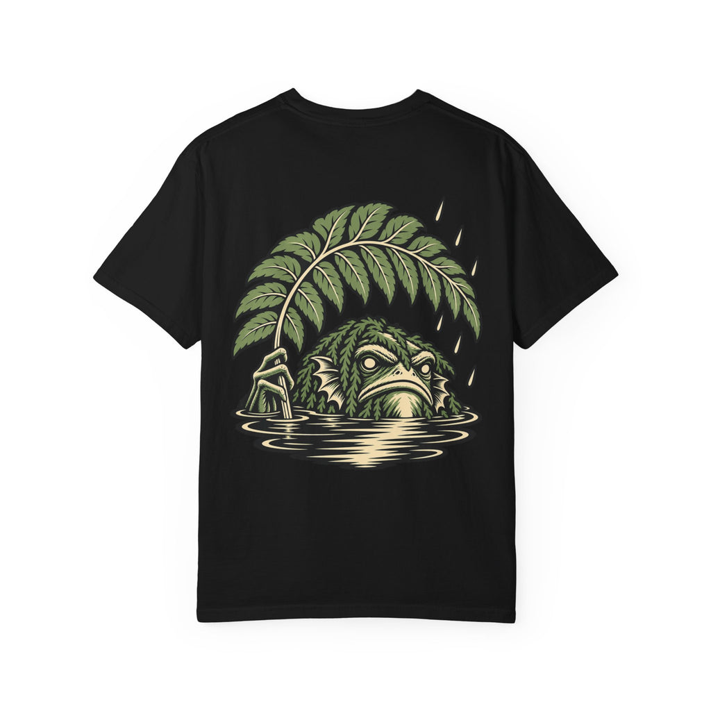 Rain Check Garment-Dyed Tee in Black, back view with the large illustrated print. Digital product mockup.