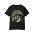 Rain Check Garment-Dyed Tee in Black, back view with the large illustrated print. Digital product mockup.