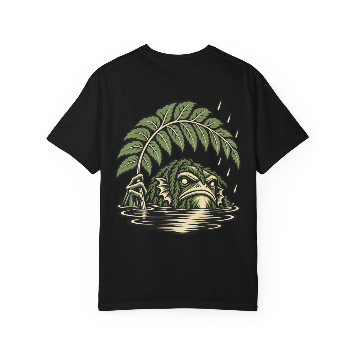 Rain Check Garment-Dyed Tee in Black, back view with the large illustrated print. Digital product mockup.
