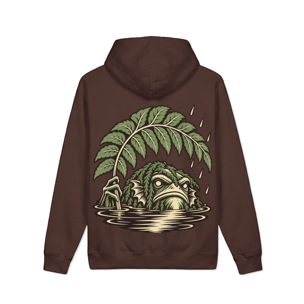 Rain Check Heavyweight Hoodie in Brown, back view with the large illustrated print. Digital product mockup.