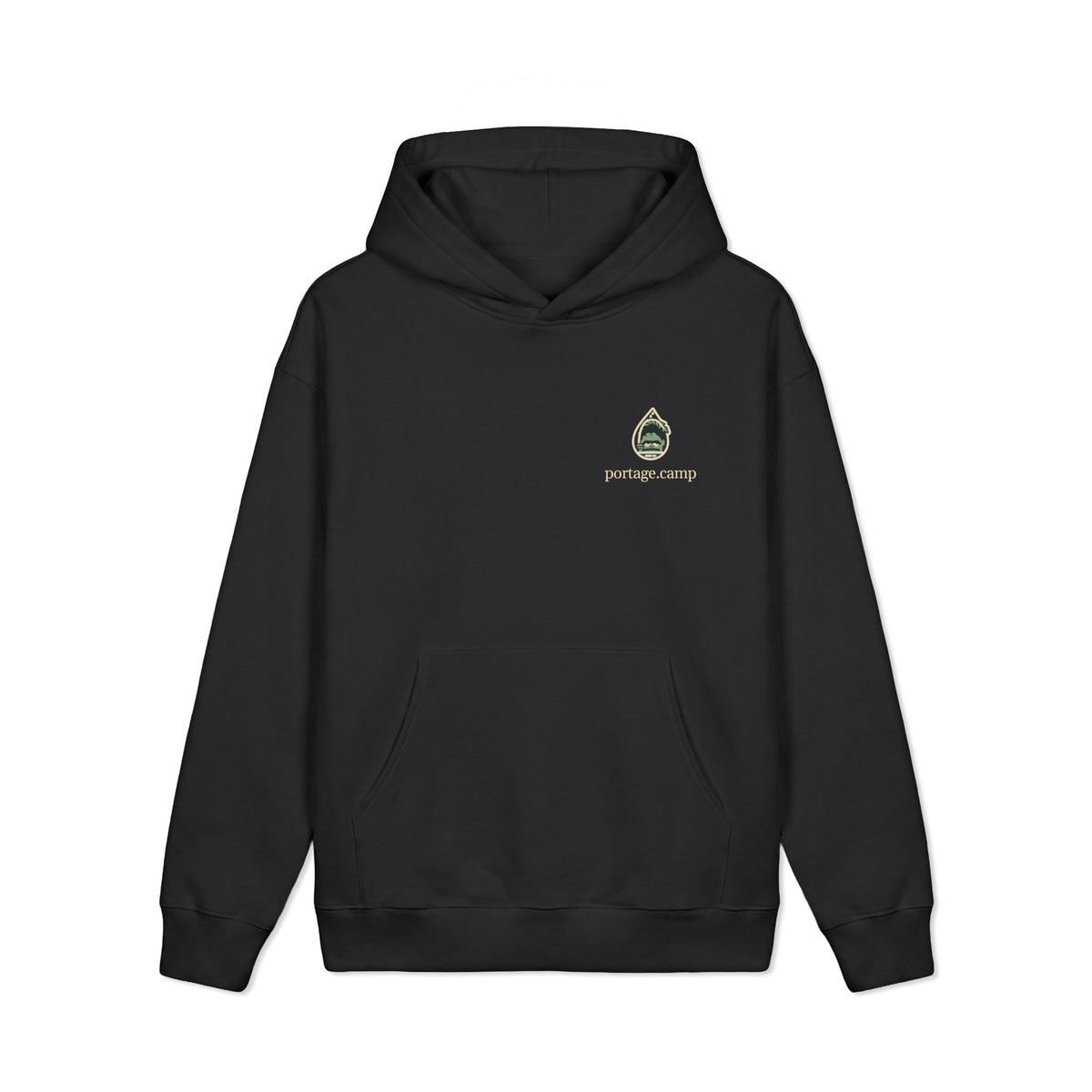 Rain Check Heavyweight Hoodie in Black, front view with the Rain Check logo and portage.camp on the left chest. Digital product mockup.