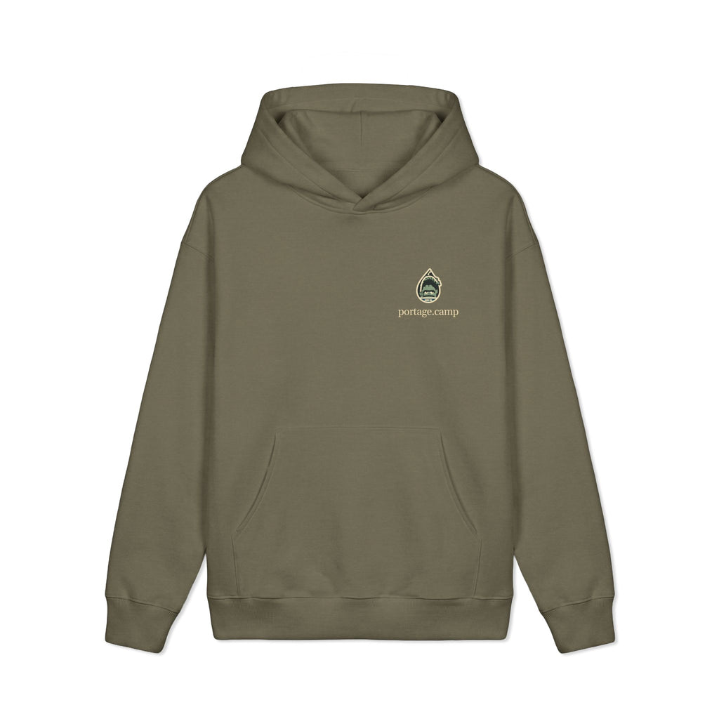 Rain Check Heavyweight Hoodie in Olive, front view with the Rain Check logo and portage.camp on the left chest. Digital product mockup.