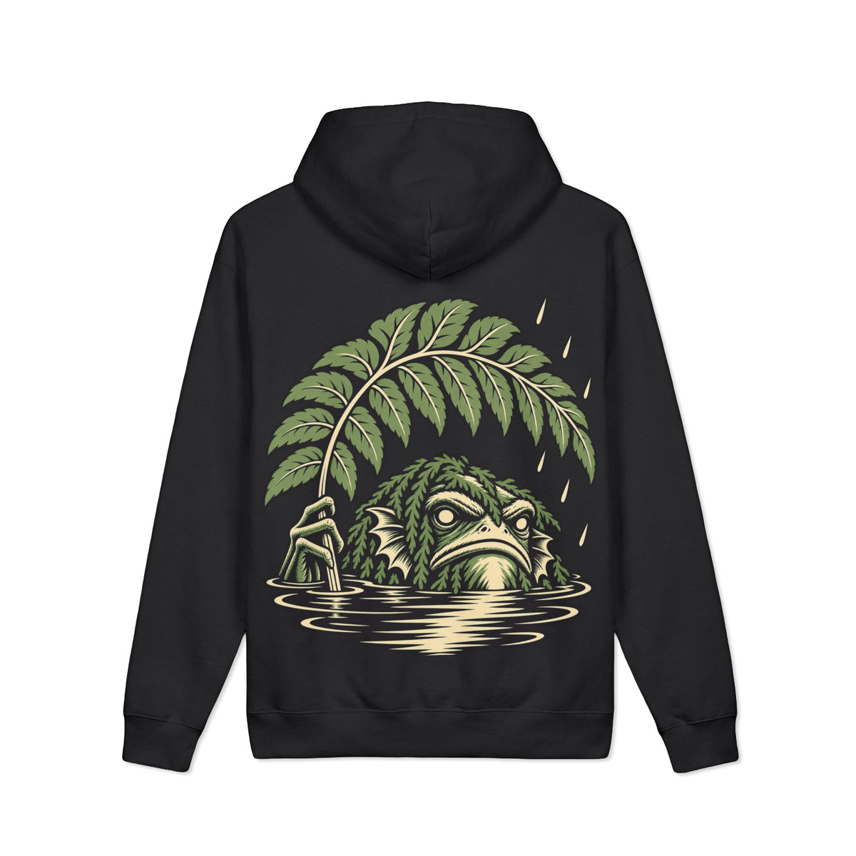 Rain Check Heavyweight Hoodie in Black, back view with the large illustrated print. Digital product mockup.