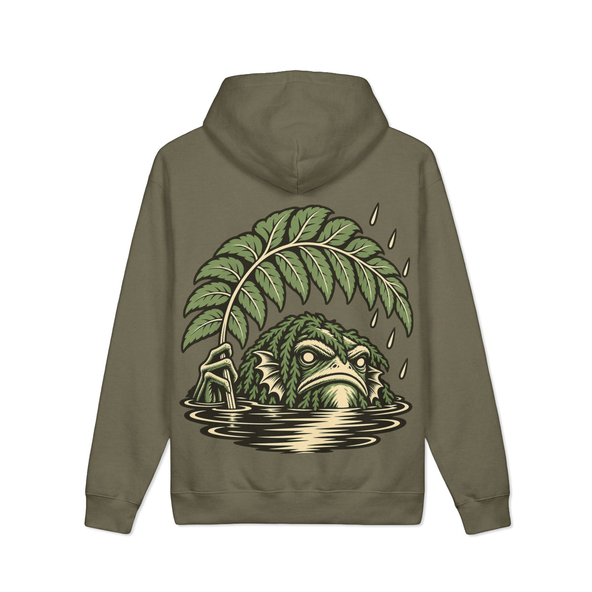 Rain Check Heavyweight Hoodie in Olive, back view with the large illustrated print. Digital product mockup.