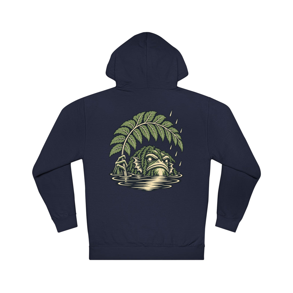 Rain Check Midweight Hoodie in Classic Navy, back view with the large illustrated print. Digital product mockup.