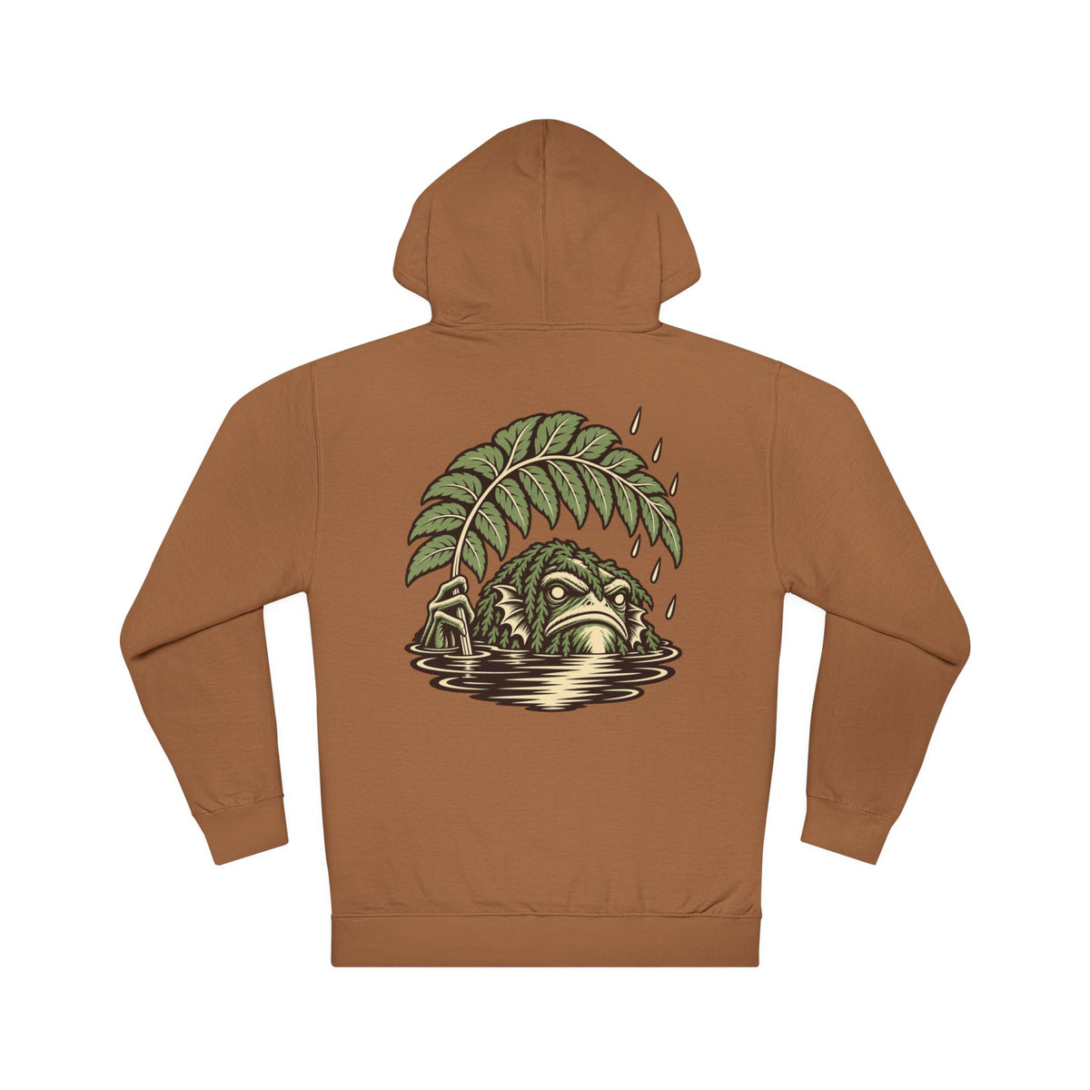 Rain Check Midweight Hoodie in Saddle, back view with the large illustrated print. Digital product mockup.