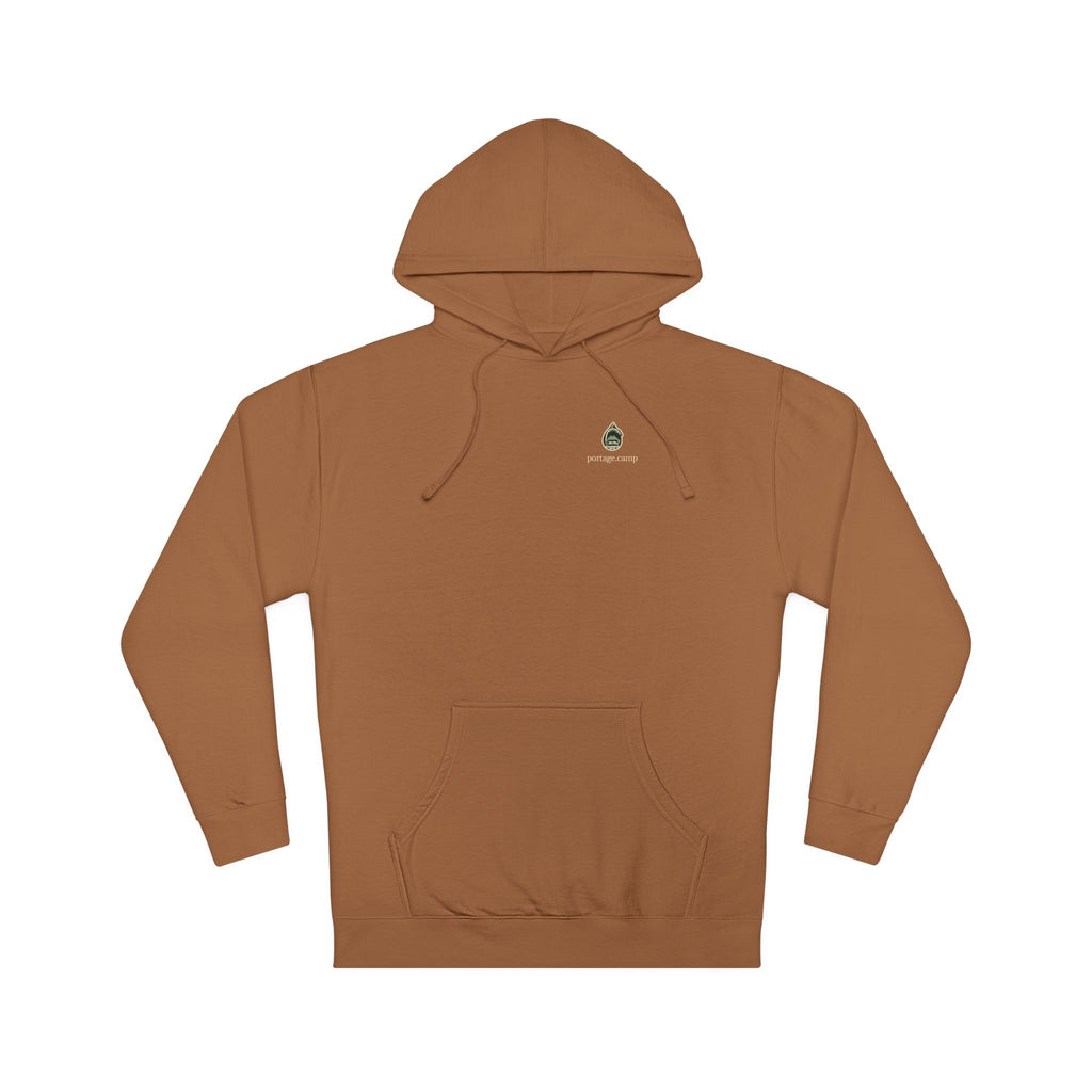 Rain Check Midweight Hoodie in Saddle, front view with the Rain Check logo and portage.camp on the chest. Digital product mockup.