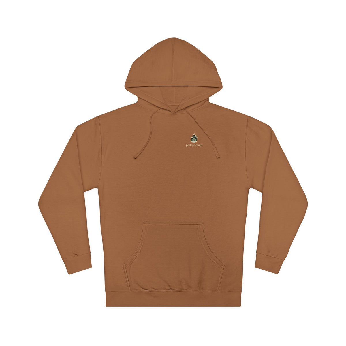Rain Check Midweight Hoodie in Saddle, front view with the Rain Check logo and portage.camp on the chest. Digital product mockup.