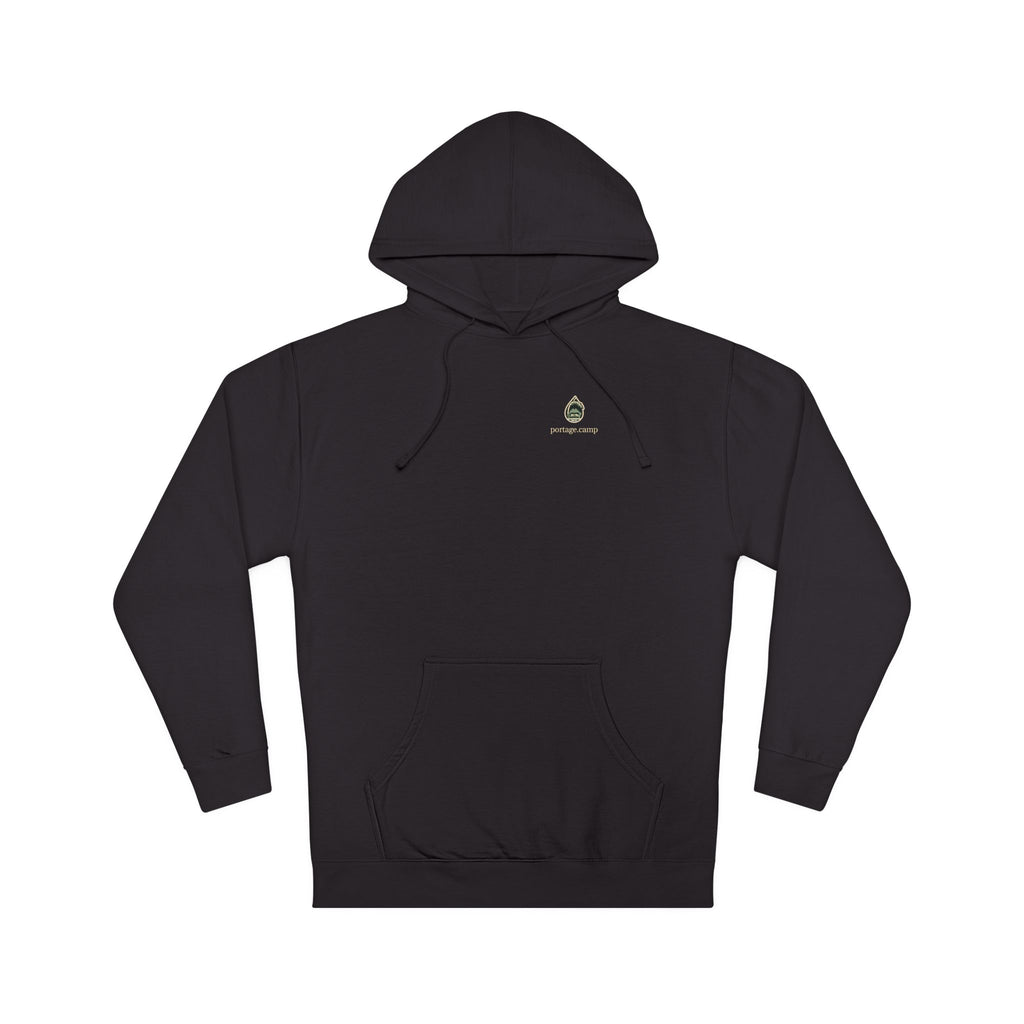 Rain Check Midweight Hoodie in Black, front view with the Rain Check logo and portage.camp on the chest. Digital product mockup.
