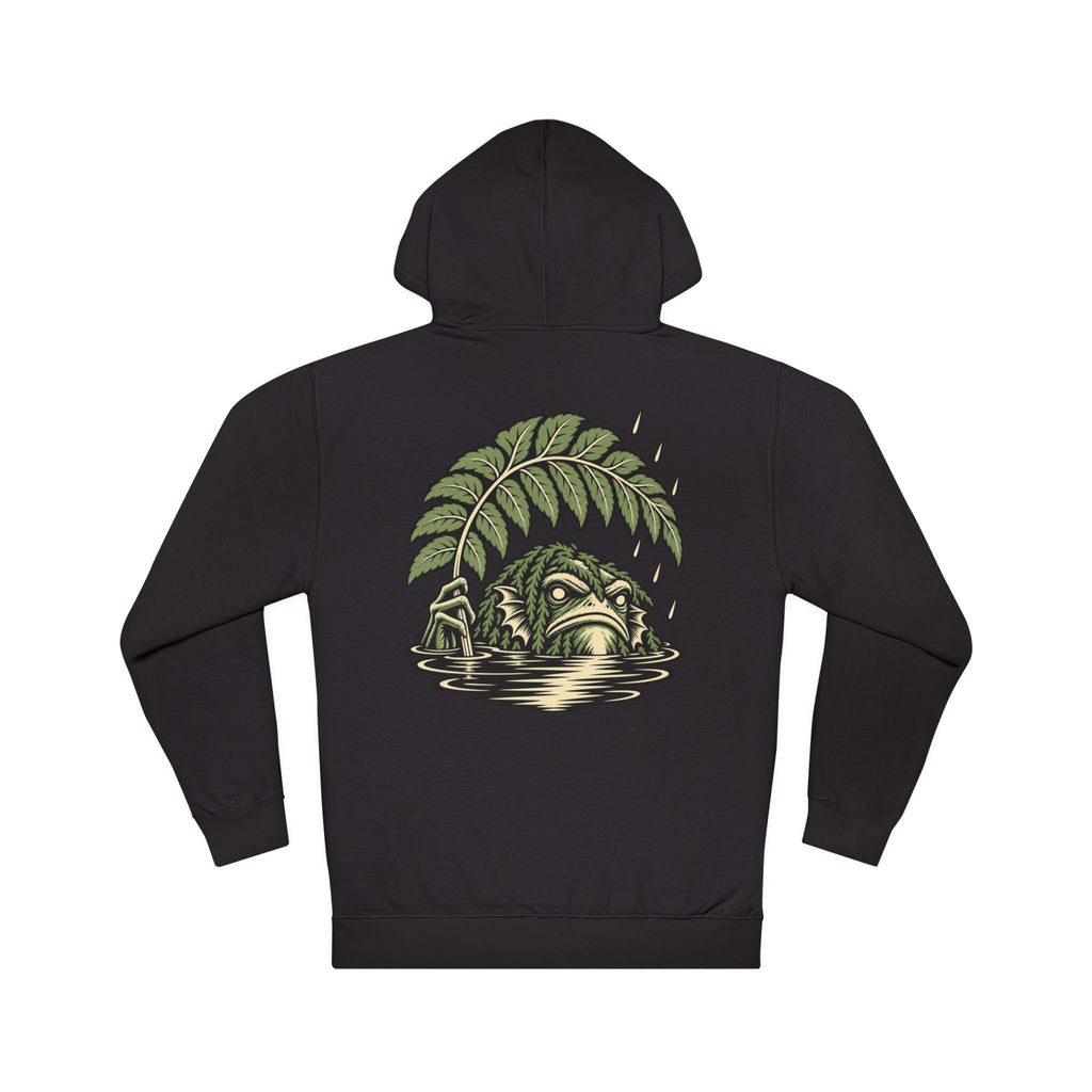 Rain Check Midweight Hoodie in Black, back view with the large illustrated print. Digital product mockup.