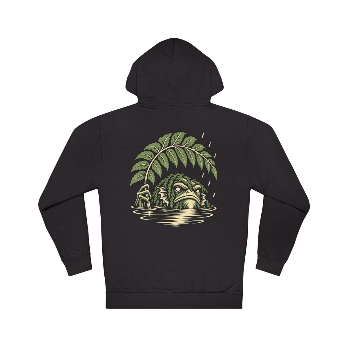 Rain Check Midweight Hoodie in Black, back view with the large illustrated print. Digital product mockup.