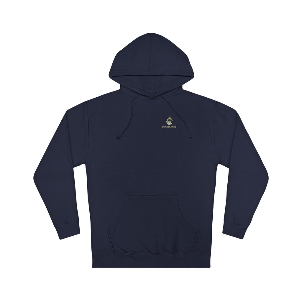 Rain Check Midweight Hoodie in Classic Navy, front view with the Rain Check logo and portage.camp on the chest. Digital product mockup.