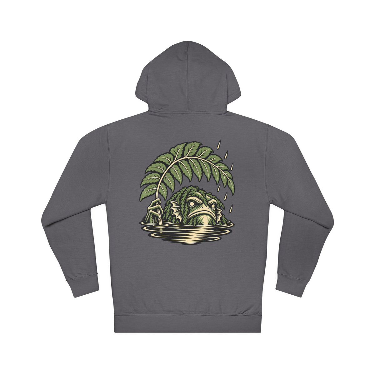 Rain Check Midweight Hoodie in Charcoal, back view with the large illustrated print. Digital product mockup.