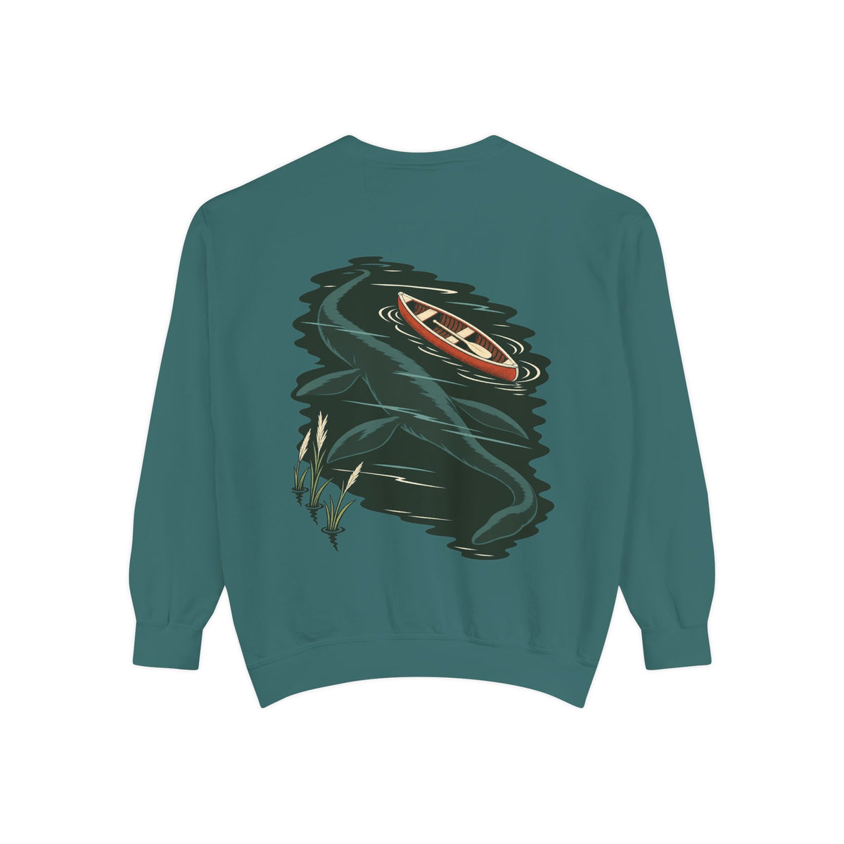 Seen Briefly Garment-Dyed Crewneck in Blue Spruce, back view with the large illustrated print. Digital product mockup.