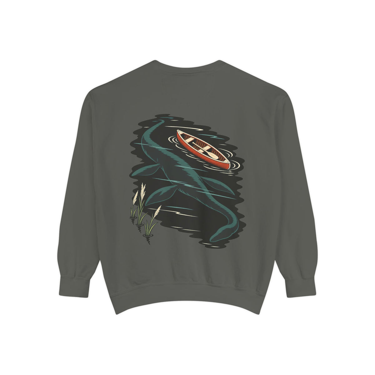Seen Briefly Garment-Dyed Crewneck in Pepper, back view with the large illustrated print. Digital product mockup.