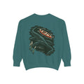 Seen Briefly Garment-Dyed Crewneck in Blue Spruce, back view with the large illustrated print. Digital product mockup.